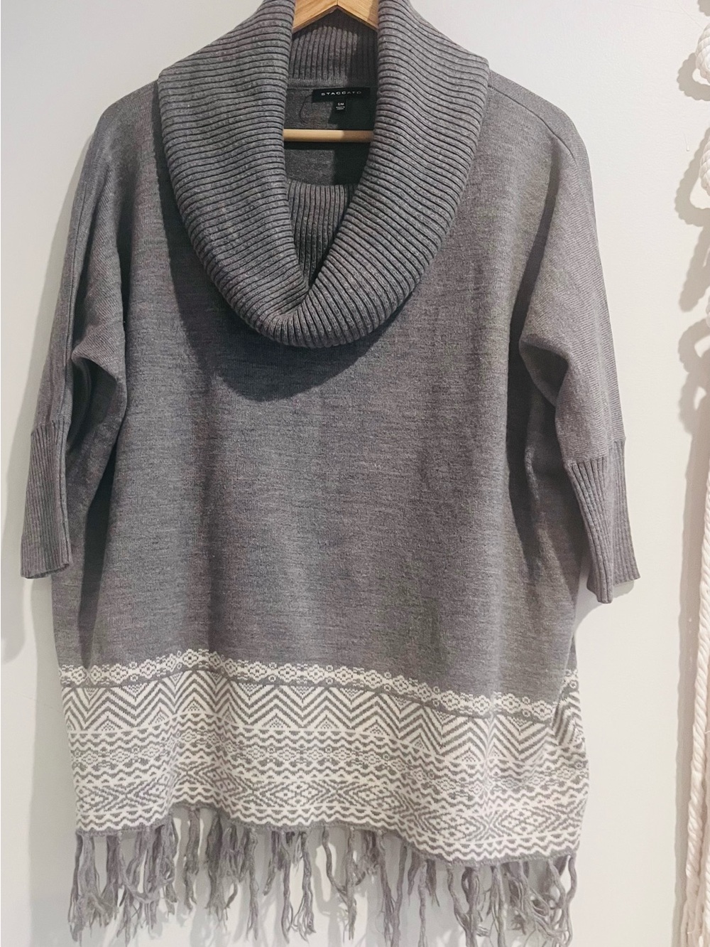 Staccato Cowl Turtleneck Sweater SMALL MEDIUM Fringe Gray Aztec Boxy Oversized
